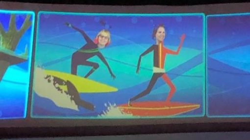 Aeris and Anika animated to appear to be surfing